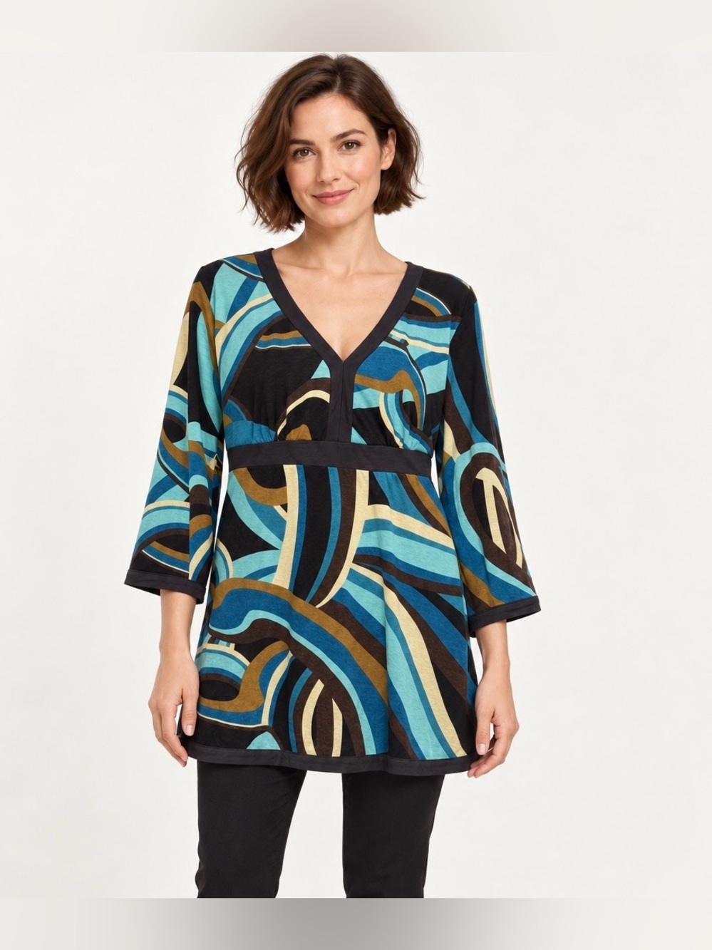 NWT Gitano Women’s L Abstract Print Tunic Top V Neck 3/4 Sleeve Empire Waist